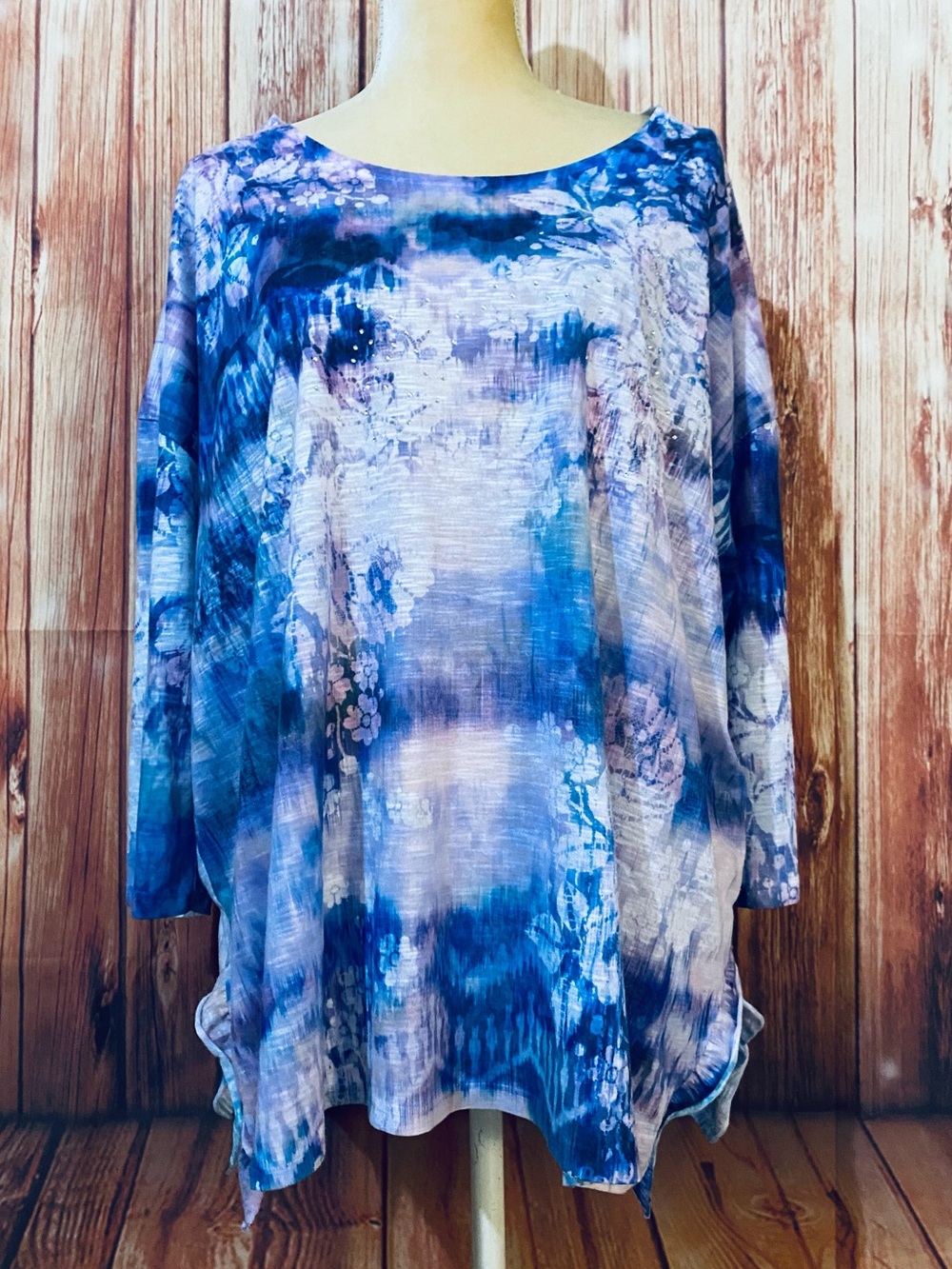 Women’s XL Blouse Time Tru Purple Tie Dye Floral 3/4 Sleeves Rhinestones Soft